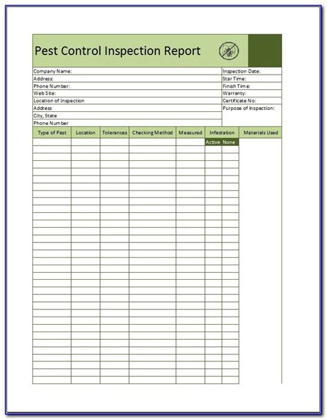 pest control service report template excel